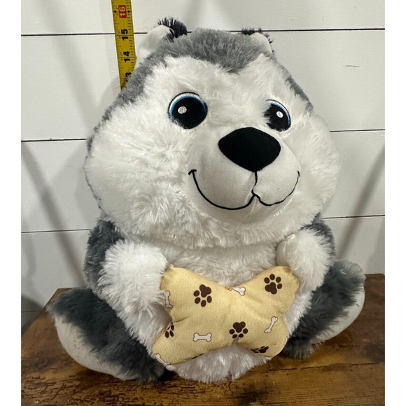 Goffa Husky Dog Plush Stuffed Animal Puppy Gray White 16" Holding Bone - Picture 4 of 6